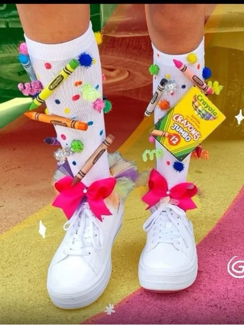 Custom Crayola White Crew Socks with Multicolor Pom-Poms and Pink Bows